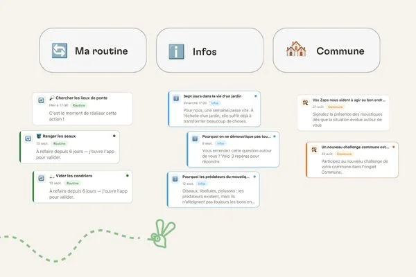 Espace Notifications de l'application Zzzapp : rappels de routine, infos et actions de la commune