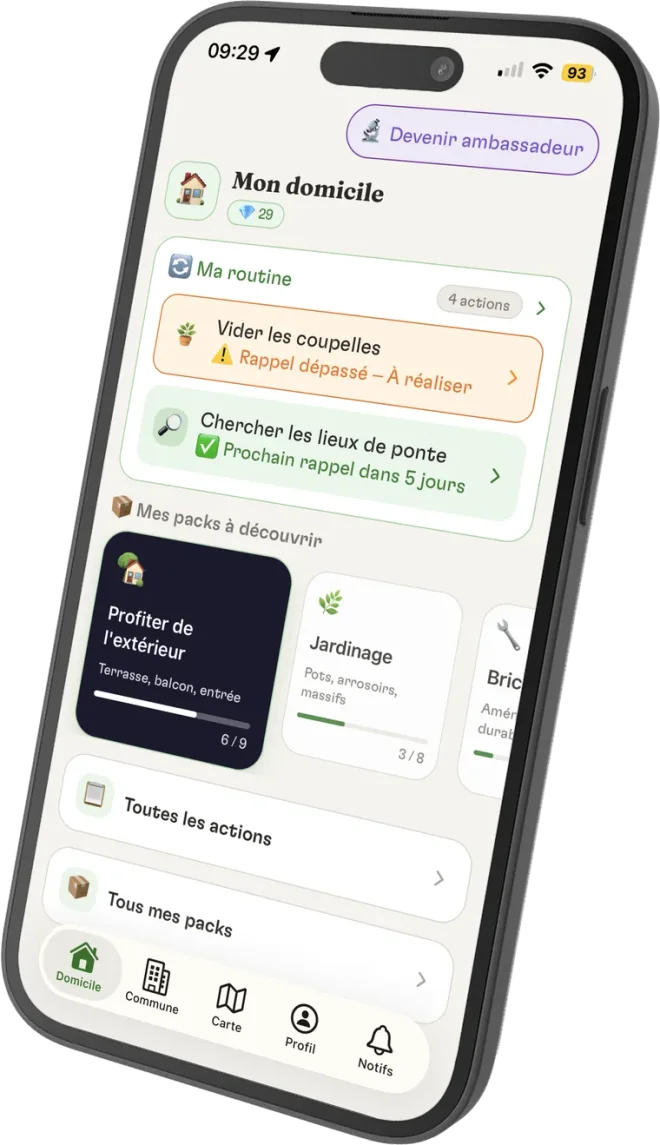 Écran d'accueil de l'application Zzzapp, espace Mon domicile avec la routine du jour