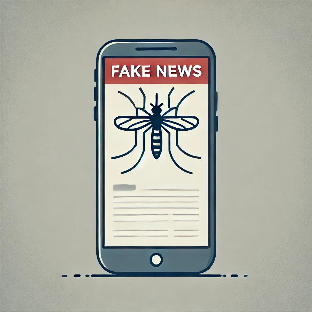 Illustration d'un téléphone avec écrit "Fake News" avec un moustique